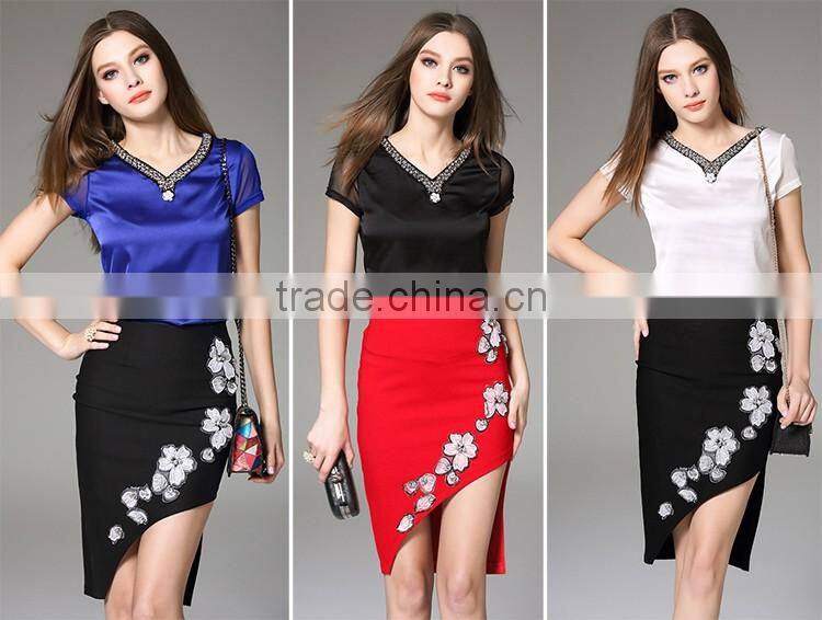 Ladies Crystal Beaded Necklace Design V Neck Tops Elegant Short Sleeve Slim Satin Mesh Patchwork Women Blouses 2016 Summer