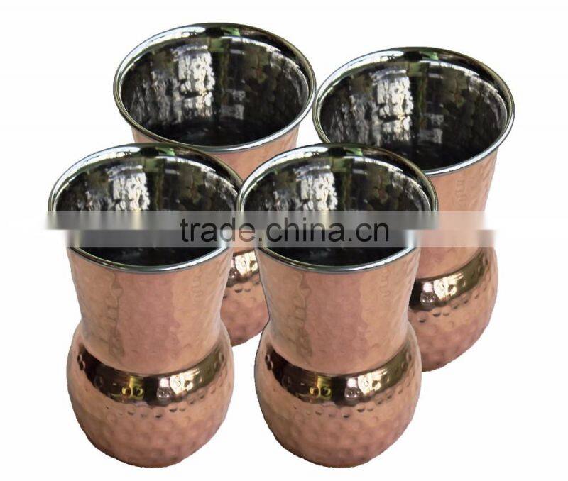 Set of-4, Hand Hammered Outside Copper Inside Stainless Steel Tumbler,Copper Muglai Matka Glass