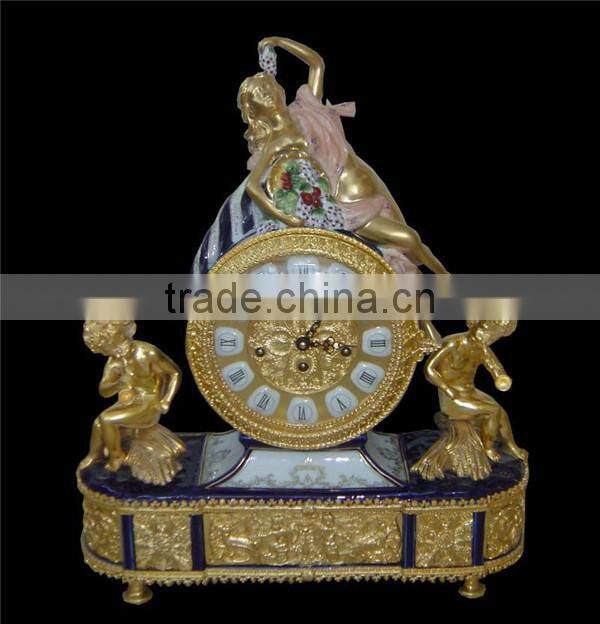 Emperial Cellectable World Treasure Gold Plated Brass Engraved Table Clock, Noble Crown Turquoise Ceramic Decorative Desk Clock