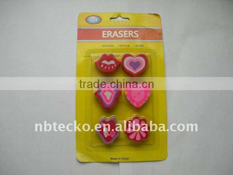 Stationery 6pcs lovely different shape printed rubber eraser set