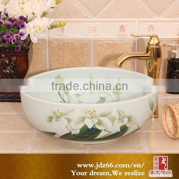Peony flower design chinese ceramic bathroom wash basin 2015 Jing de zhen