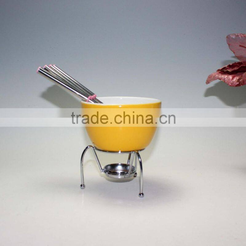 Two Compartments Ivory White Ceramic Porcelain Tealight Candle Cheese Butter Chocolate Fondue Set