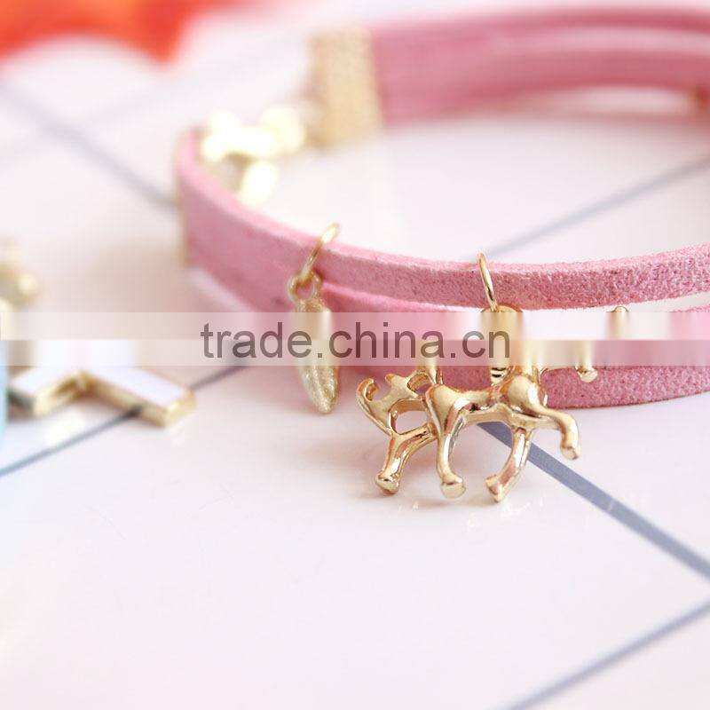 gold love heart cross horse feather charms sude leather bracelet multi layer velvet leather bracelet