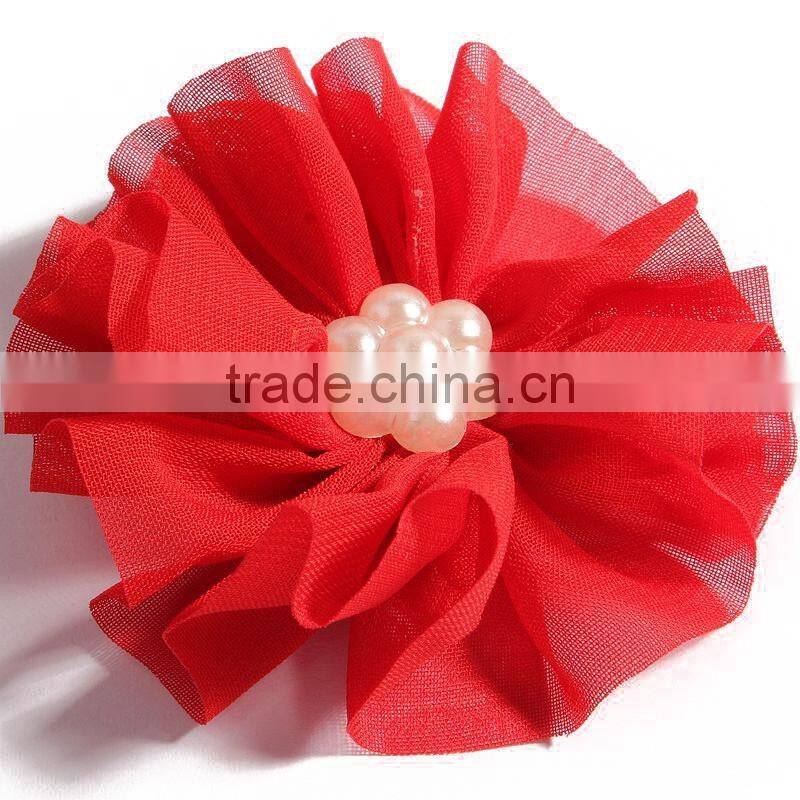 fabric chiffon flower with pearl beads center for kids hair accessories