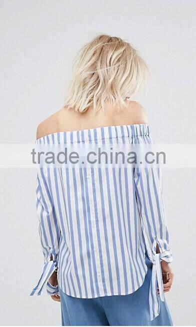 2017 Fashion Stripe And Tie Sleeve Off The Shoulder Top