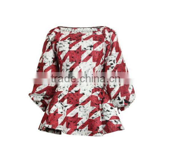 Fashion jarquard crochet ruffle bottom long sleeves high quality direct manufacturer ladies blouse hot style