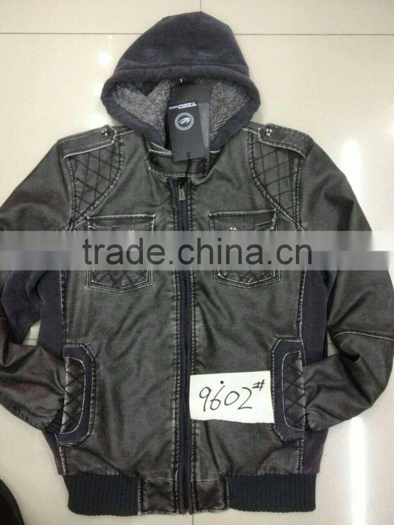 NEWEST TOP FASHION MEN WINTER PU JACKET WITH HOOD