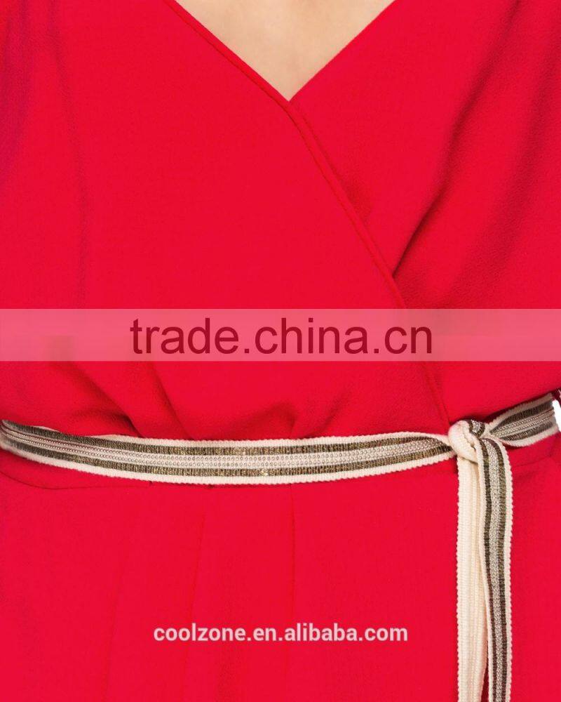 2015 Pleated waistline wrap-around with belt latest dress designs