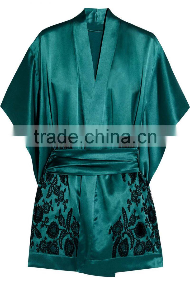 2017 New Style Pink and Red Color Blocking Embroidered Satin Robe with Waist Tie