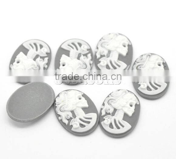 Wholesale Gray Resin Halloween Skull Pattern Oval Cameo 25x18mm(1"x3/4"), sold per packet of 50
