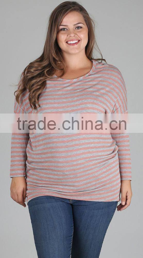 Pink Grey Striped Plus Size Maternity Top XYT2840