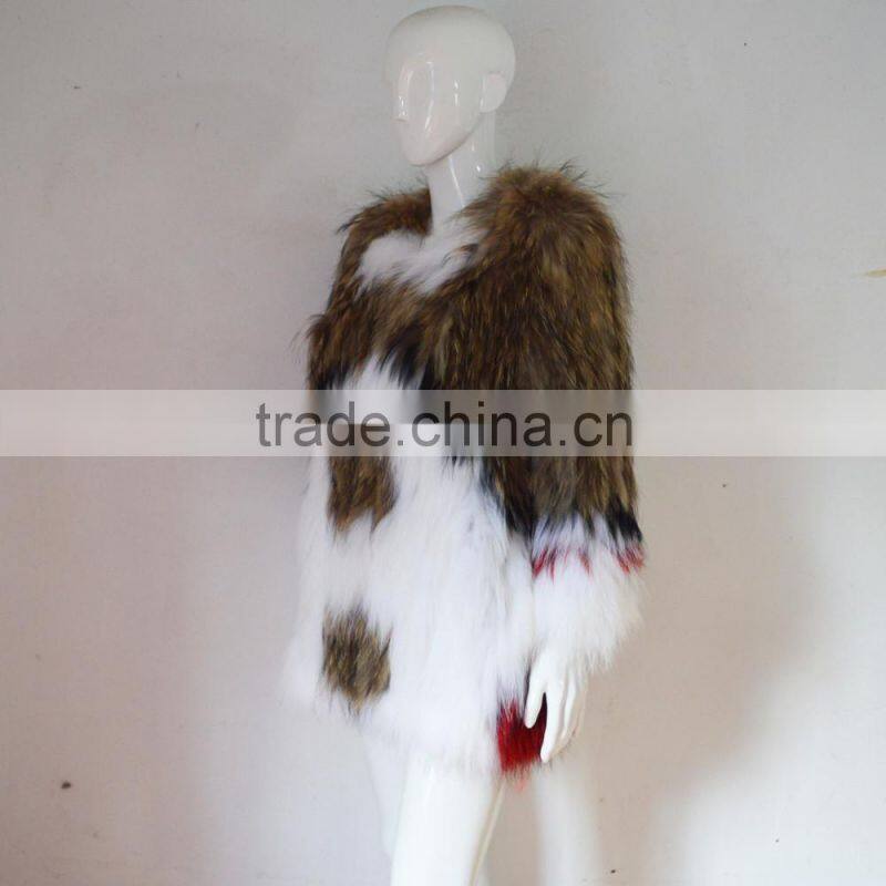 SJ045-01 China Glossy Sumptuous Raccoon Knitted Fur Coats/Women Coats with out Lining/Multicolor Fur Coats
