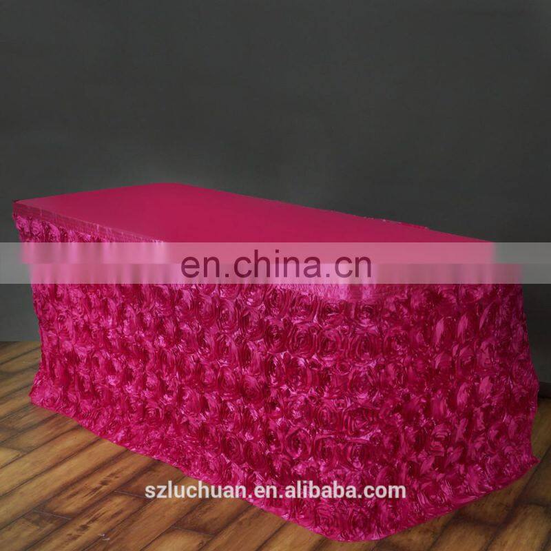 High Quality Home Textile Plum Satin Rosette Table Skirt Designs For Wedding