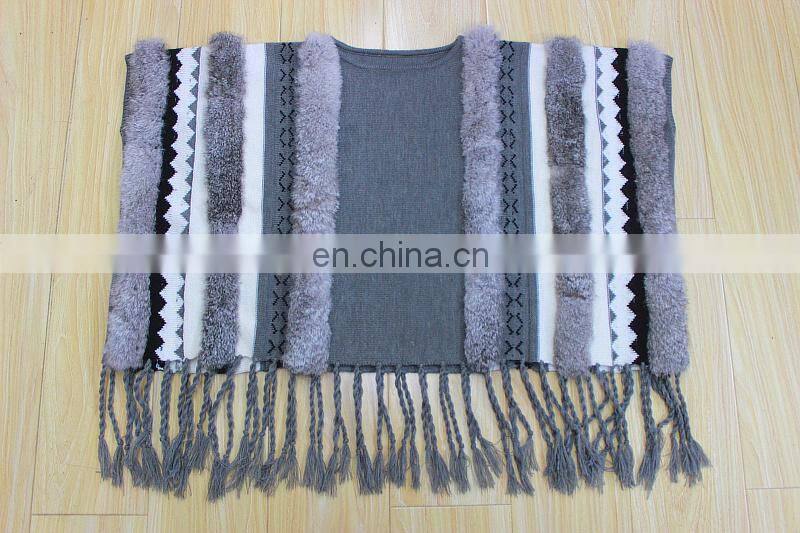 Vintage Style Rabbit Fur Knitted Shawls Fashionable Knit Shawls With Tassel Stylish Knitting Cape Poncho