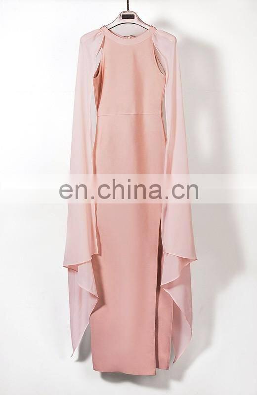 Amigo 2017 Black long chiffon cape sleeve high vent Barelegged long bandage dress modest dresses for young girls