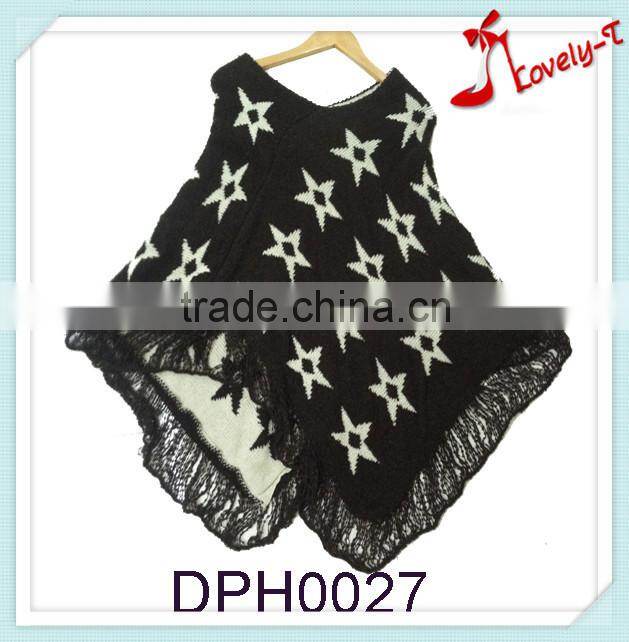 Women crochet knit acrylic pullover poncho sweater pattern with lace