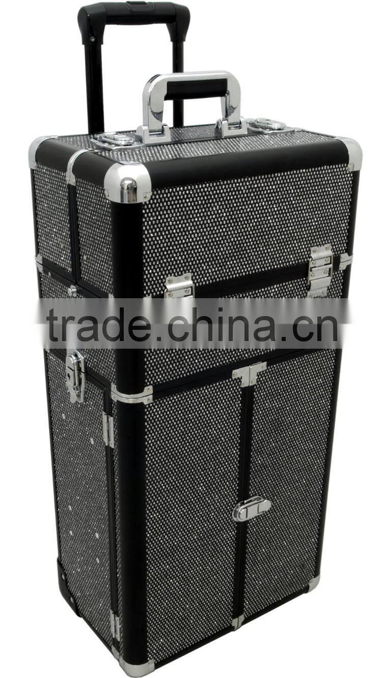 Professional 4-in-1 Rolling Makeup Artist Cosmetic Train Case Organizer Storage case,black crystal Beauty makeup trolley case