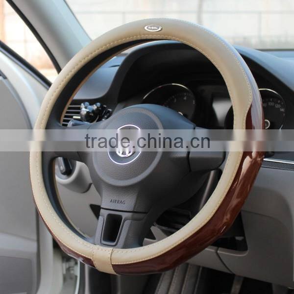 leather and wood car steering wheel cover