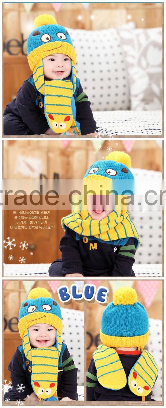 2015 Winter Newest Cute Eyes Embroidery Acrylic Stripe Knit Siamesed Two Piece Set Baby Hat and Scarf