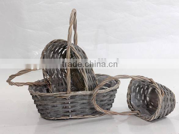 3pcs oval grey wicker flower baskets /potswith handle