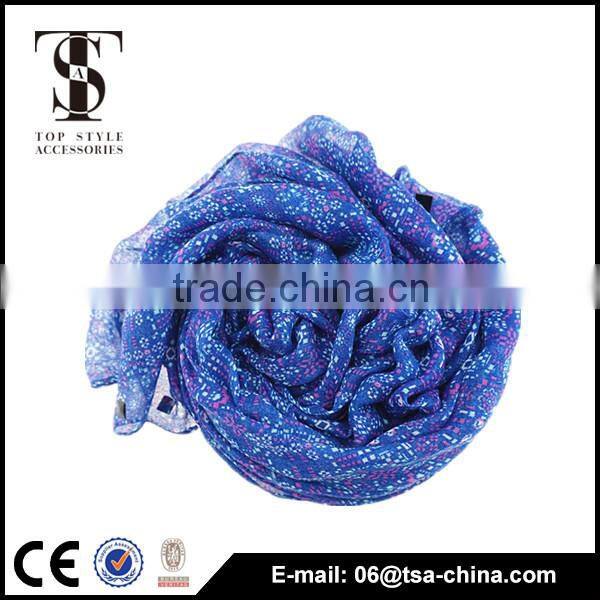 high quality printed women neck scarf blue color voile polyester scarve