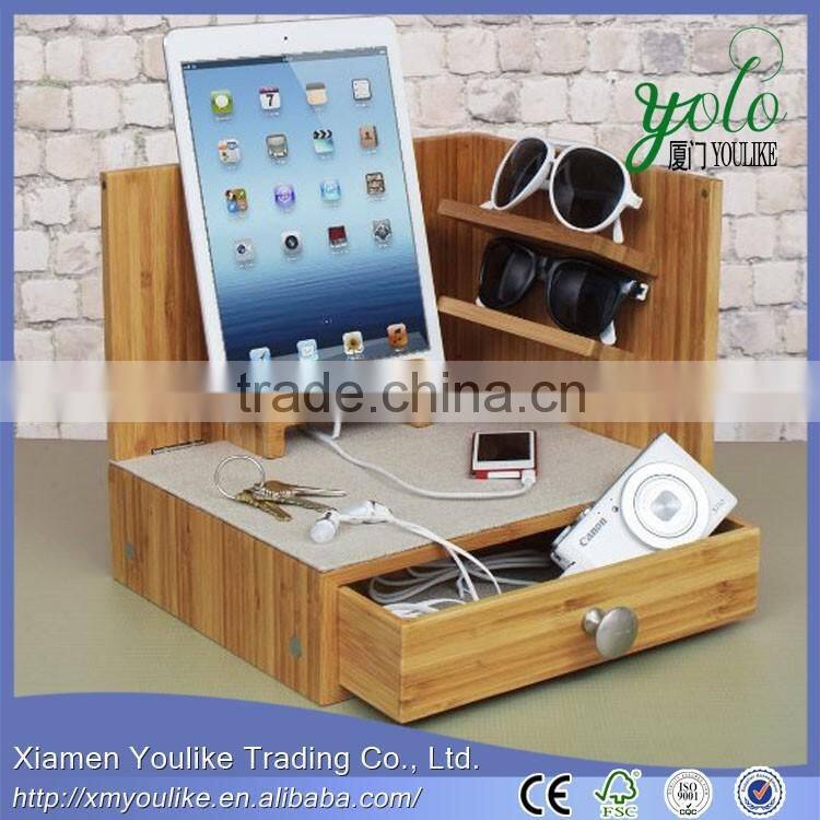 Corner Multi-Device Bamboo Charging and Sunglass Station with Drawer