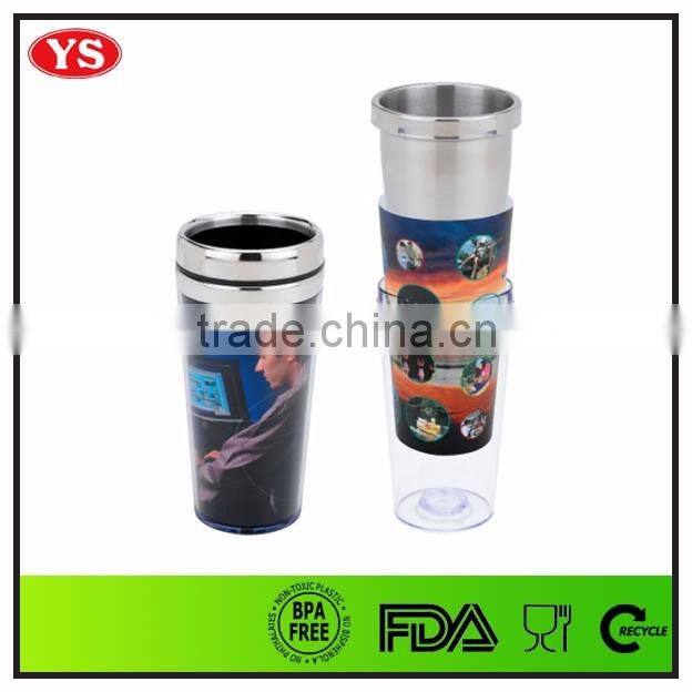 16 ounce photo insert inner stainless outer plastic thermal mug wholesale