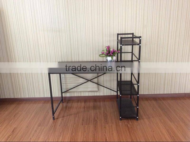 wood computer desk with 4-shelf metal bookcase