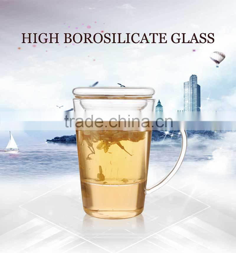 Wholesale heat resistant glass tea cup with glass strainer lid handmade glassware OEM ODM 400ml