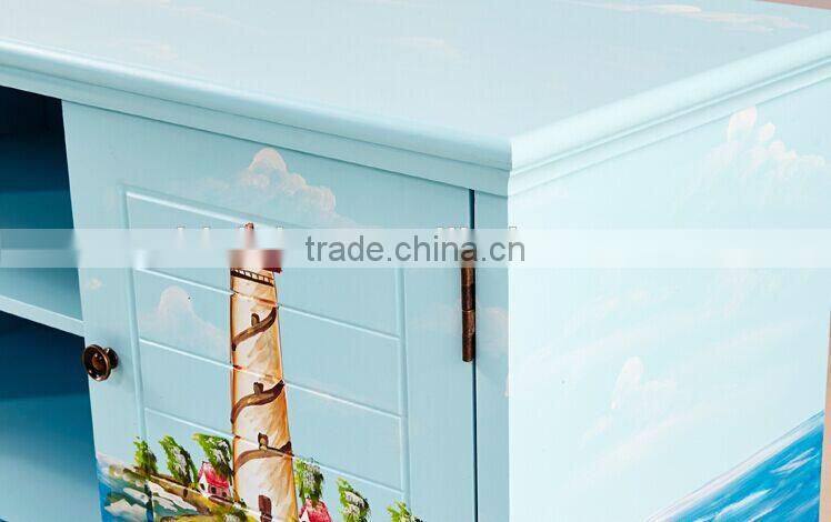 Mediterranean Style TV Cabinet, Sailing Boat Handpainting TV Stand, Solid Wood Living Room TV Cabinet (BF01-X1156)