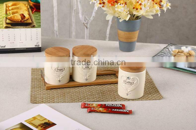 ceramic canister set with bamboo stand