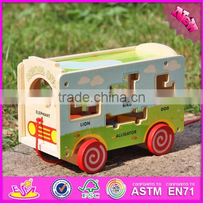 2017 new design pull string wooden bus toys for toddlers W05C080