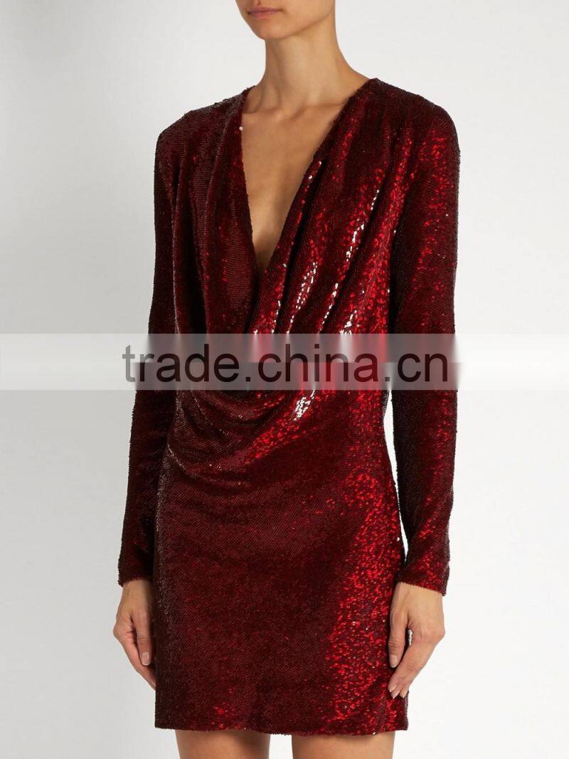 Color Changing Sequins-embellished Fabric Cowl-neck Silk Mini Dress Latest Dress Designs Photos HSD5616