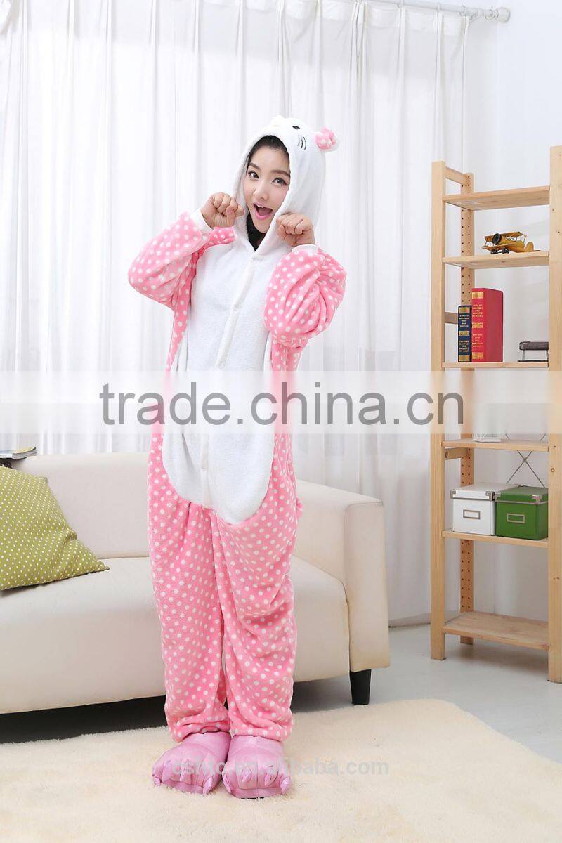 flannel cartoon adult animal jumpsuit animal pajamas jumpsuit pink dot kitty design