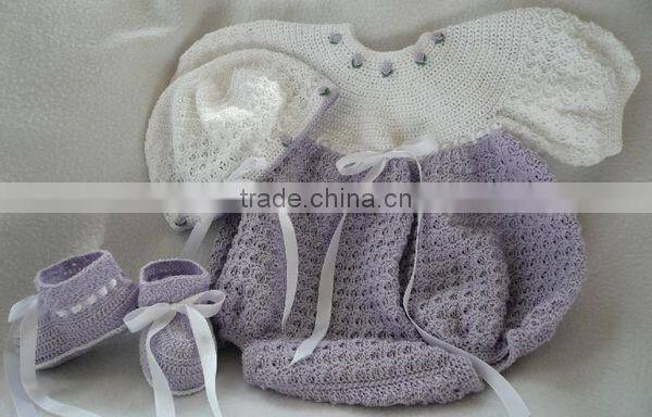 Ribbon Pattern with Hat and Shoes Handmade Baby Dress Crochet