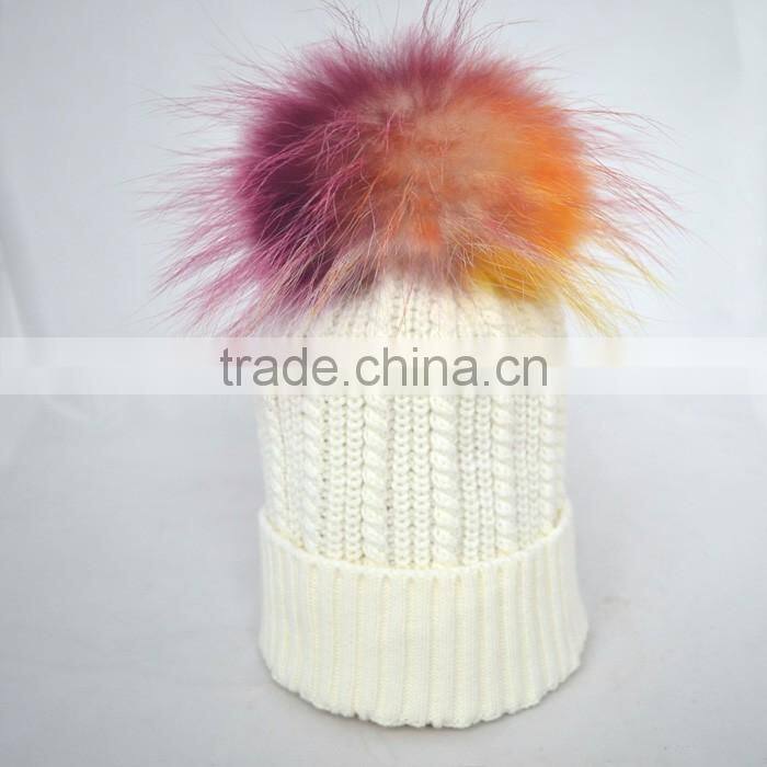 Myfur Elegant Women White Color Wool Blend Hat and Cap with Fur Ball Top