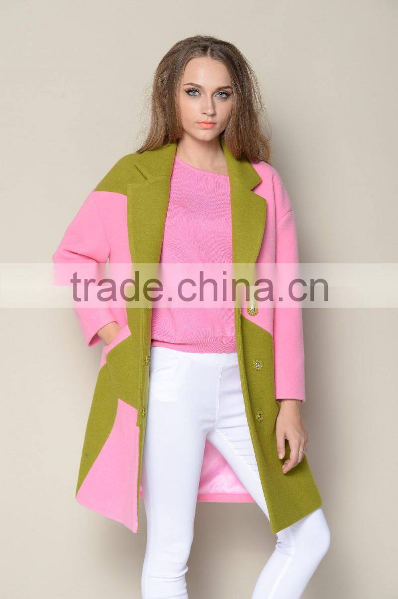 ODM designed fashionable wool warm branded contrasted colored young ladies long coats