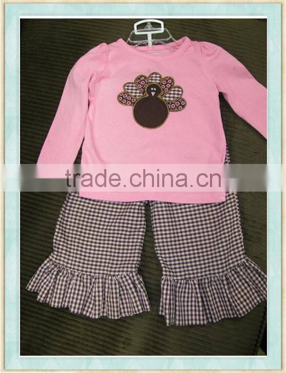 2016 Baby Girls Turkey Applique Pink Long Sleeve Shirt Plaid Ruffle Pants Cute Little Outfits thanksgiving outfit