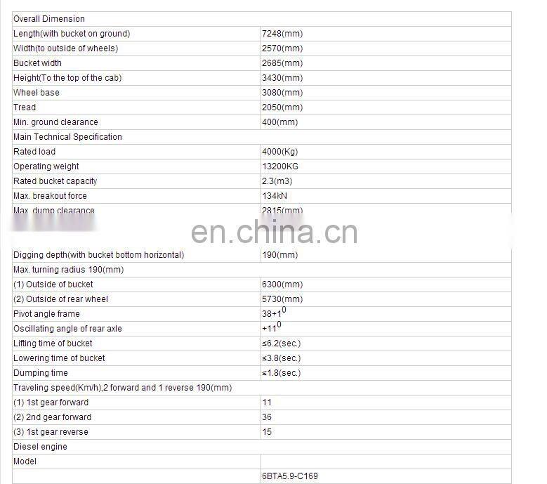 Product Description 4 Ton Load CHANGLIN Loader Wheel Loader Earthmoving Machine ZL40h