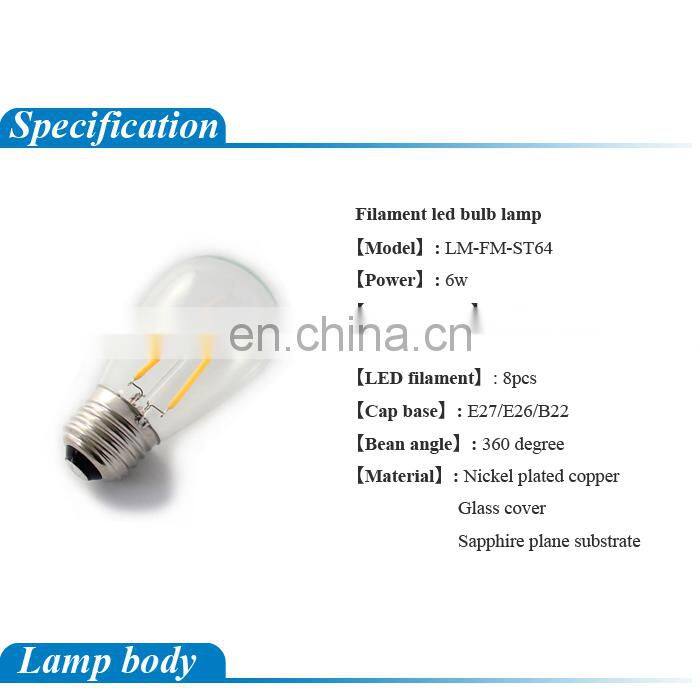 Langma 4W 6W 8W Retro screw E27 E26 AC110V AC230V vintage edison filament light bulb ST64 st58 led CE/Rohs/UL certified