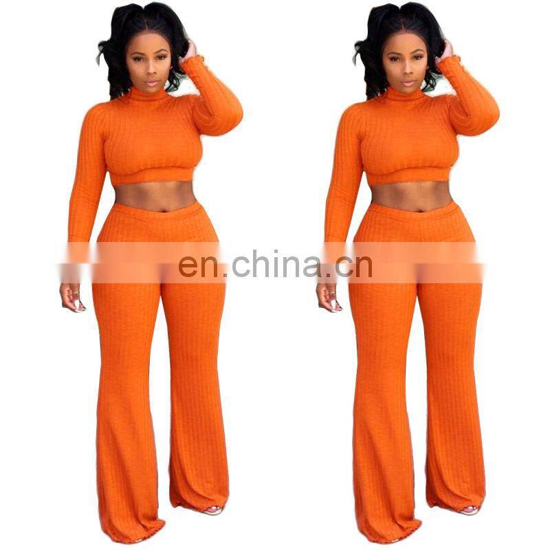 Spring and summer new sexy casual suit women solid color round neck long-sleeved wide-leg pants suit manufacturers wholesale