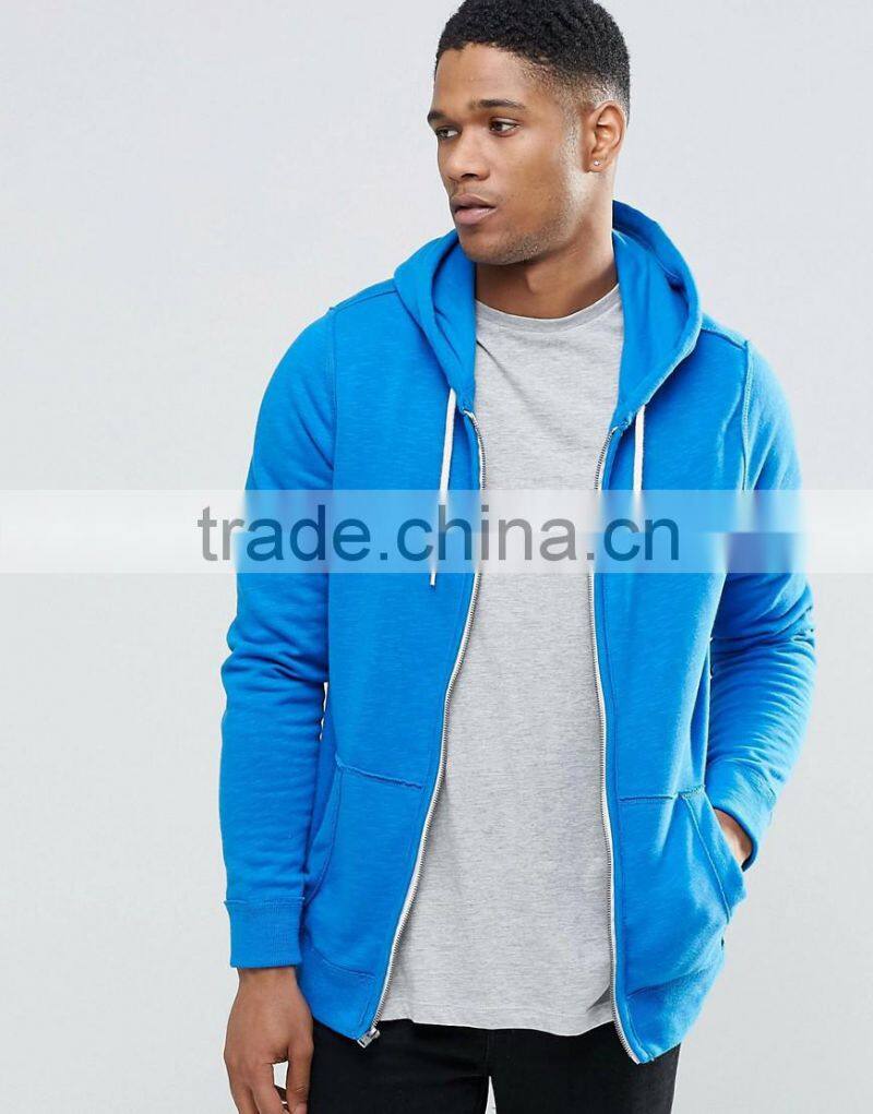 Leisure 100% cotton blue zip up with hood pocket custom made hoodies