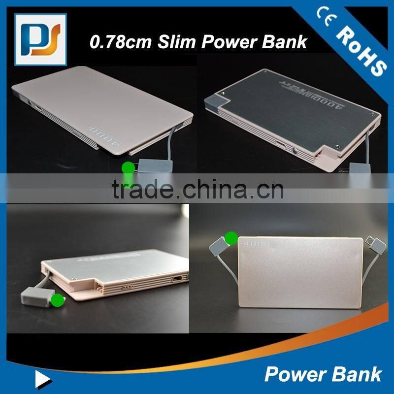 2015 Credit card portable rohs built in cable power bank charger for mobile and laptop