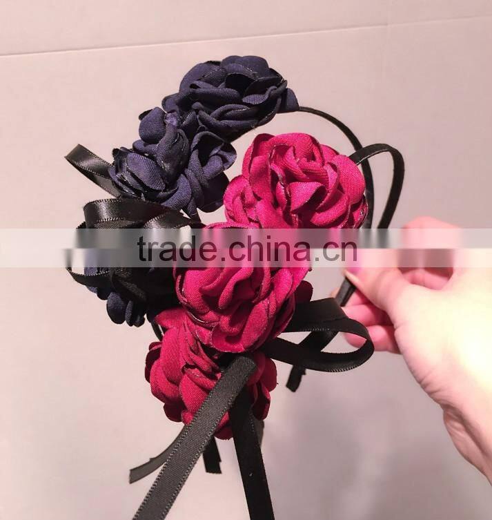 Burnt Fabric Flower Headband,Red Balck Rose Flower Headband For Adult
