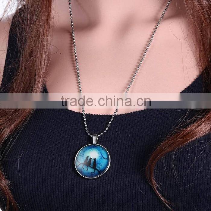 Round crystal pendant black cat and branch charm Light in the Dark Necklace