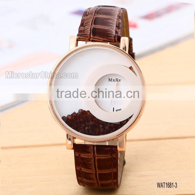 Elegant Women Quicksand Faux Leather Band Bracelet Round Dial Analog Wrist Watch