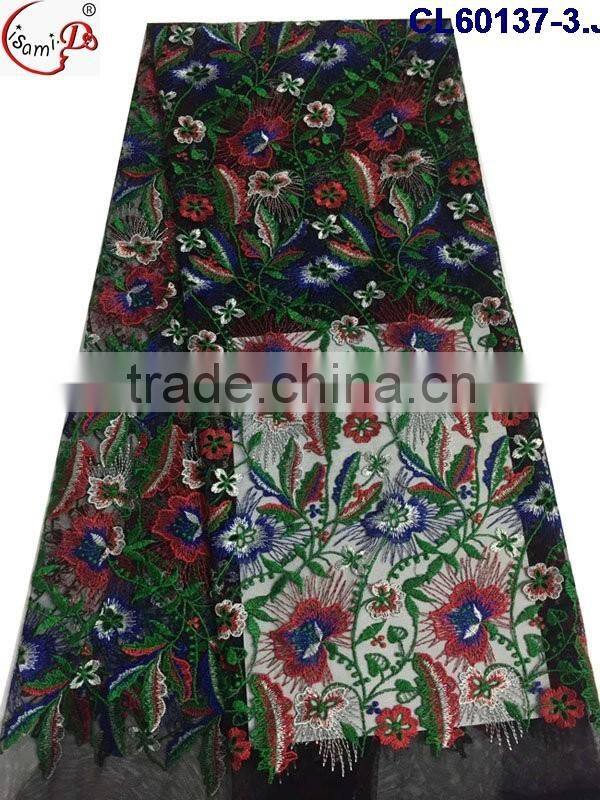 CL60137 Newest arrival net lace graceful fabric with colorful embroidery flowers pattern for fashion lady