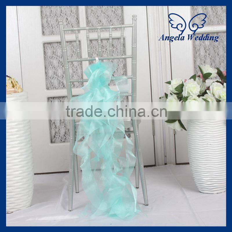 CH098A New 2015 wholesale Nice cheap organza wedding ruffled curly willow blue and white chair sash