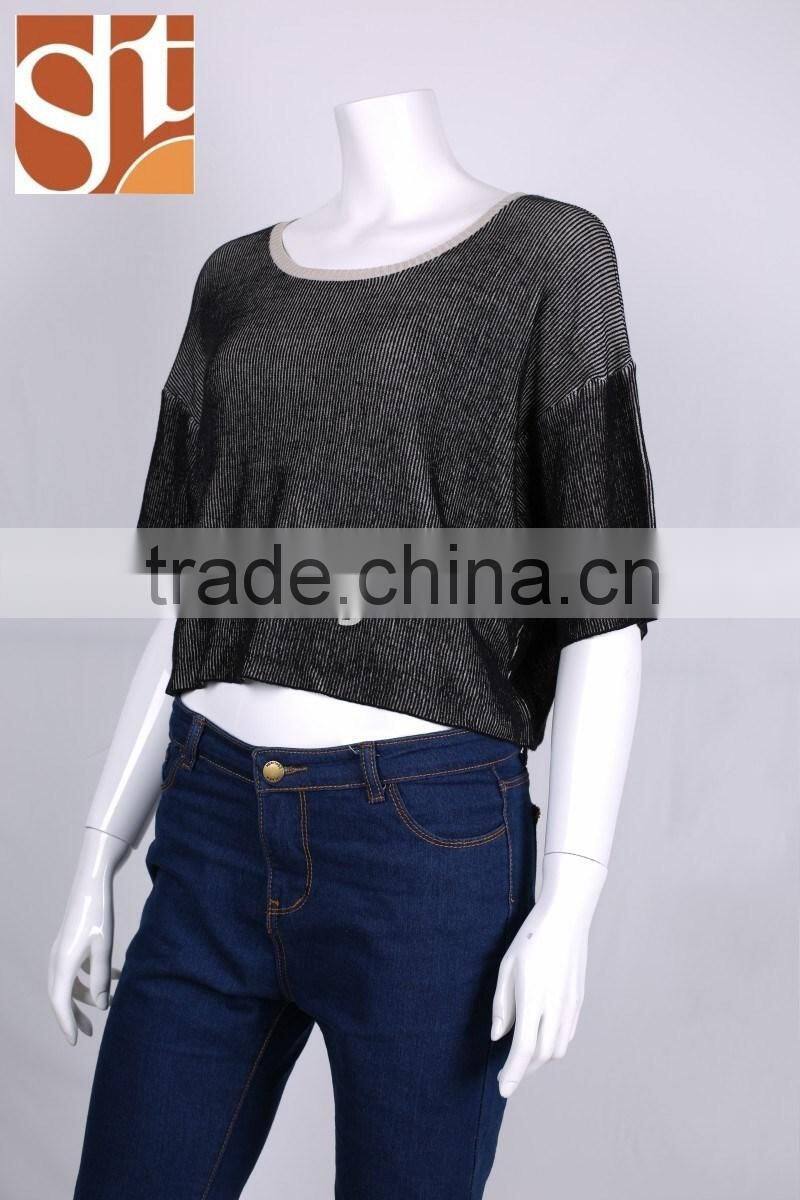 Alibaba export womens' boat neck drop shoulder 1/2 sleeve pullover knitted sweater with jacquard