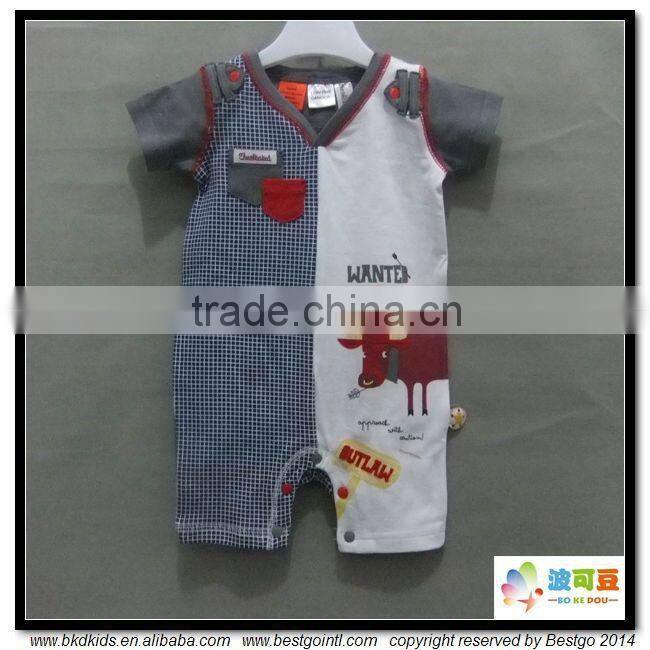 BKD 2016 Contrast color pockets baby boys romper and flock printed baby clothes